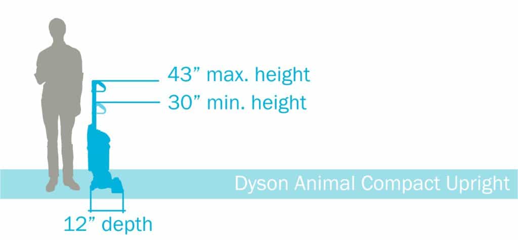 Dyson Ball Animal Compact Upright dimensions - 43" tall at max height, 30" tall at minimum height, and 12" deep