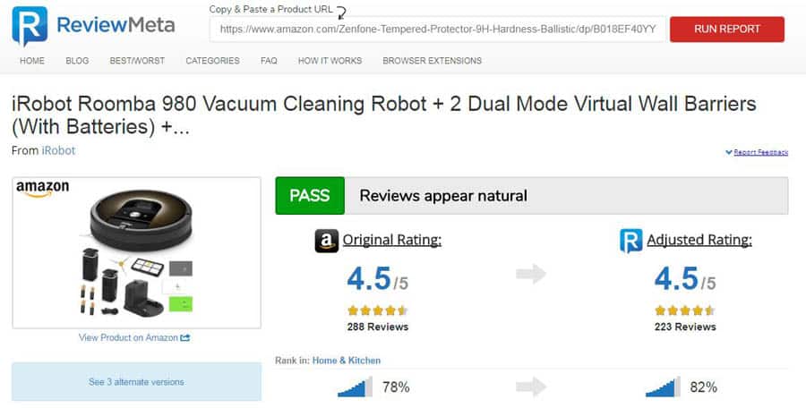 Roomba Reviews analyzed with ReviewMeta.com