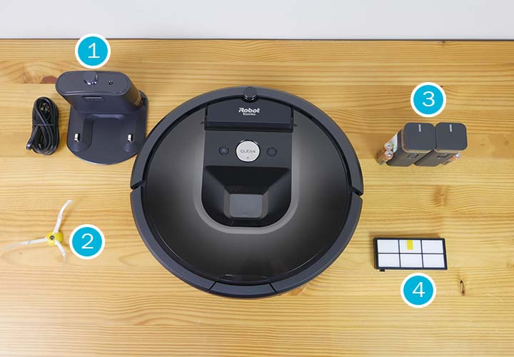 The Roomba 980 and the extra accessories included with the vacuum