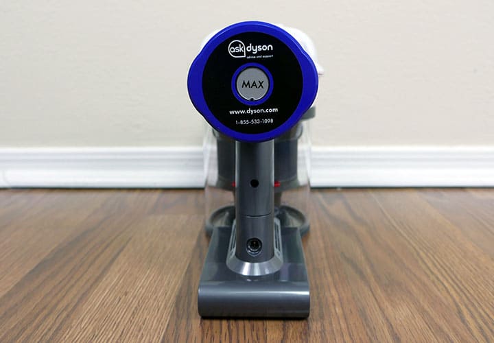 Max cleaning mode button on the Dyson V6 cordless vacuum