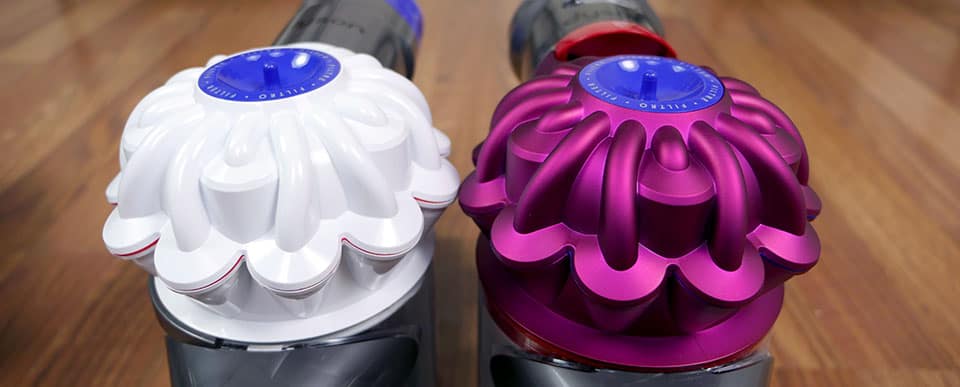 Side-by-side shot of the Dyson V6 and V7 radial cyclones