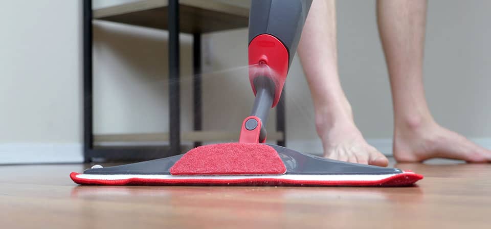The Reveal sprays water in front of the mop through a small nozzle
