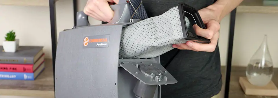 The dust bag can be removed from the PortaPower for both emptying and replacing