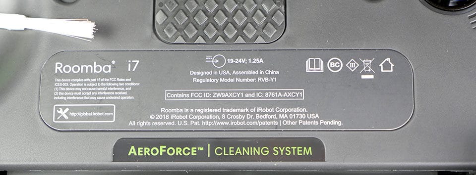 Roomba i7 and i7+ model number label