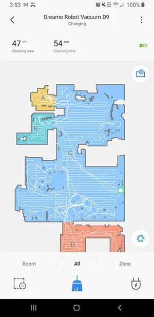 Digital map generated by the Dreame D9 smartphone app