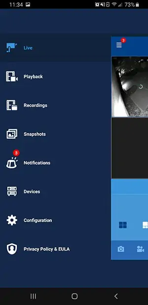 Menu app Lorex - Sistema di sicurezza domestica