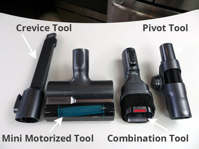 Accessories included with the Samsung Jet 90 cordless stick vacuum